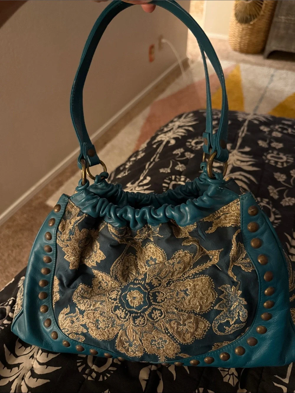 Isabella Fiore Teal Shoulder Bag with Gold Brocade